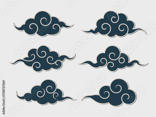 An array of stylish cloud designs featuring swirling patterns that provide a whimsical touch, making them suitable for artistic projects and creative applications.