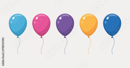 A vibrant collection of five balloons in various colors, perfect for parties and festive occasions. Each balloon features a smooth glossy finish to enhance your decorations.