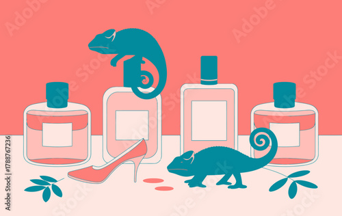This whimsical illustration features charming chameleons alongside elegant perfume bottles, showcasing a playful yet sophisticated blend of nature and fashion.