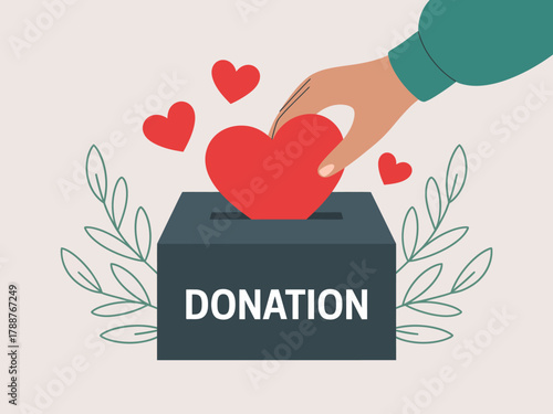 An illustration of a donation box with a hand inserting a red heart, representing the spirit of giving, compassion, and the importance of charitable contributions in society today.