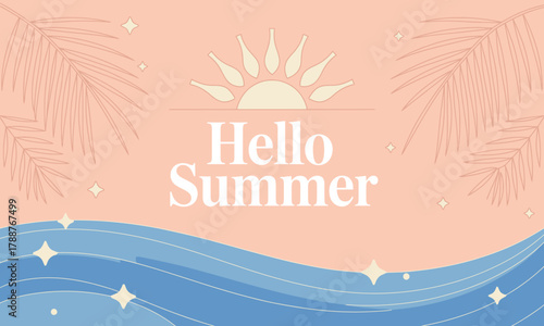 A vibrant illustration welcoming summer with a bright sun, palm leaves, and rolling waves, celebrating the joyful essence of the summer season and its warm vibes.