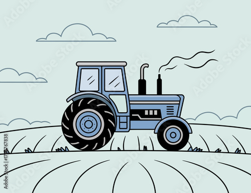 A minimalistic illustration of a blue tractor driving across a farm landscape, emphasizing agricultural life and the importance of farming machinery in the rural setting.