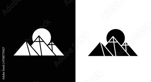 Logo Template Geometric Pyramid Vector Icon with Sun Symbol in Minimalist Black and White Style