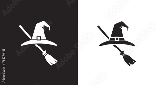 Minimalist Witch Hat and Broomstick Vector Icon for Halloween Design