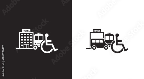Icon Set Vector for Accessible Travel with Hotel and Transportation Symbols in Minimalist Black and White