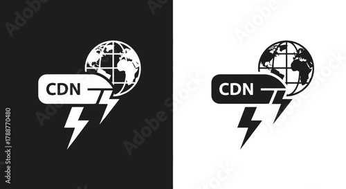 Technology CDN Vector Icon with Global Network and Lightning Bolt Speed Symbol