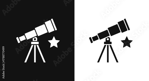 Minimalist Telescope Vector Icon with Star Symbol in Black and White