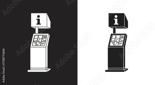 Minimalist Information Kiosk Vector Icon Set with Digital Map in Black and White for Wayfinding