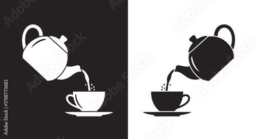 Minimalist Teapot Pouring Tea Vector Icon Black and White Silhouette for Beverage Branding