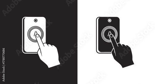 Minimalist Doorbell Icon Vector Set with Hand Pressing Button in Black and White