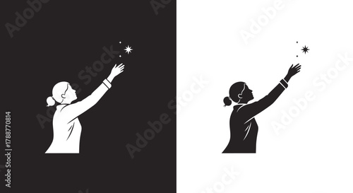 Minimalist Vector Logo of a Woman Reaching for Stars Symbolizing Success and Ambition