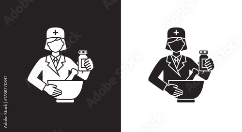 Pharmacist Woman Icon Vector Illustration with Mortar Pestle and Medicine Bottle in a Flat Glyph Style