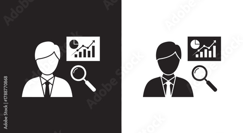 Business Data Analysis Vector Icon with Analyst Chart and Magnifying Glass