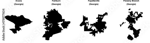 Evans, Fairburn, Fayetteville, Flowery Branch outline maps