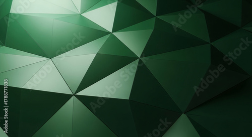Abstract, geometric dark green surface with triangular facets and subtle light, creating depth and structure, representative of modern design, complexity