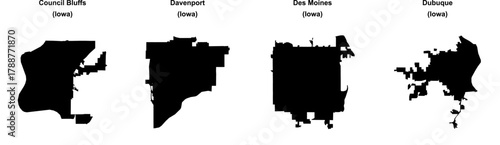Council Bluffs, Davenport, Des Moines, Dubuque outline maps