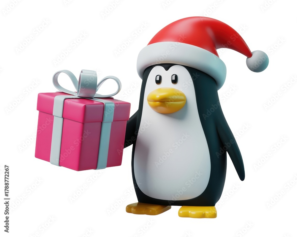 Fototapeta premium A cartoon penguin wearing a santa hat holding a pink gift box with a white ribbon on a white background