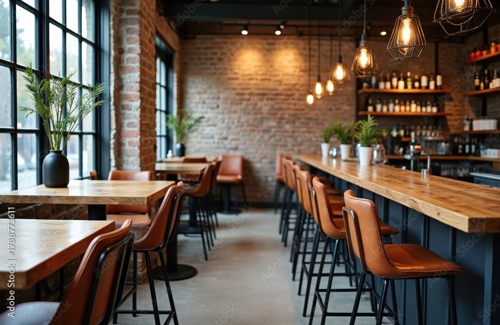 Obraz premium Empty modern cafe interior with industrial brick walls, wooden tables, and bar chairs. Bar counter features plants and bottles. Soft lighting creates a cozy atmosphere ideal for dining or drinks.