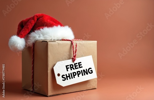 Wallpaper Mural Cardboard box with Santa hat and free shipping tag. Holiday gift delivery concept for online stores. Christmas sales promotion, festive package arrives. Torontodigital.ca