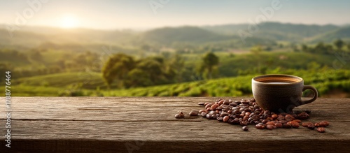 Aromatic Coffee Cup with Beans on Wooden Table Overlooking Scenic Landscape.