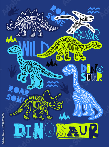 llustration for t-shirts with colourful drawing dinosaur skeleton. Print design for boy on blue background. Grunge style vector