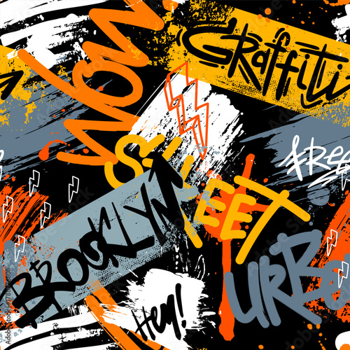 Abstract seamless chaotic pattern with urban geometric elements, scuffed, drops and sprays. Grunge neon texture background. Wallpaper for teens