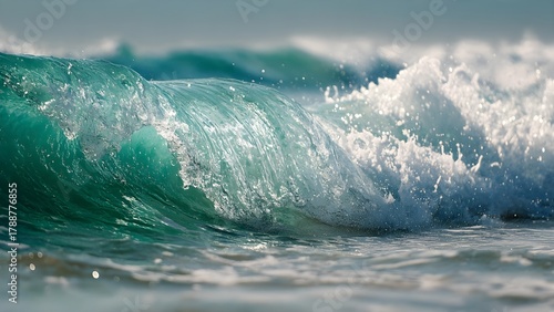 Fototapeta Naklejka Na Ścianę i Meble -  Dynamic Ocean Wave Breaking with Sparkling Water Spray
