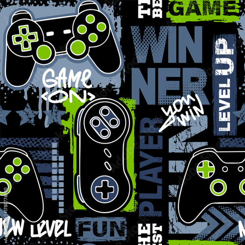 Seamless abstract pattern with joysticks game. Bright colorful vector Print for boys on black background