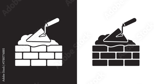 Minimalist Construction Vector Icon with Brick Wall and Trowel Tool
