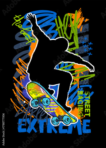 Urban style modern t-shirt  design with boy on skateboard. Sport extreme grunge  illustration for guys on black background.