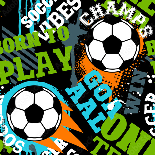 Abstract seamless chaotic pattern with soccer ball and urban geometric elements. Grunge neon texture background for guys. Football sport