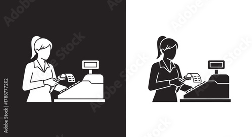 Minimalist Cashier Woman at Checkout Vector Icon in Black and White Silhouette Style