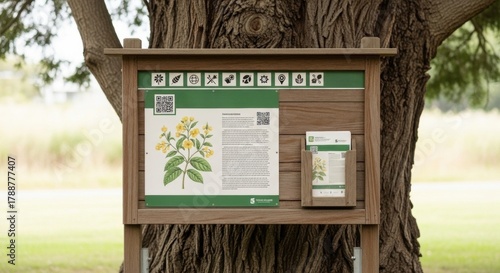 An informative display board showcasing botanical illustrations and descriptions of local flora, featuring a QR code for digital access, situated near a large tree in a natural setting