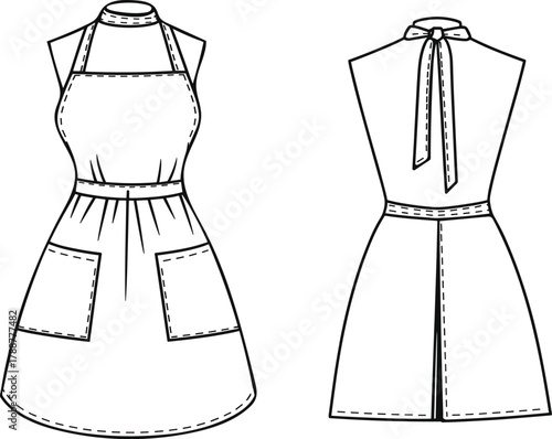 Flat vector illustration of apron dress design, kitchen garment fashion sketch, front and back view, stylish cooking apron template