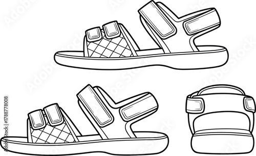 Flat vector illustration of casual summer sandals, fashion footwear design, adjustable strap slippers, comfortable shoes outline, minimalist style drawing