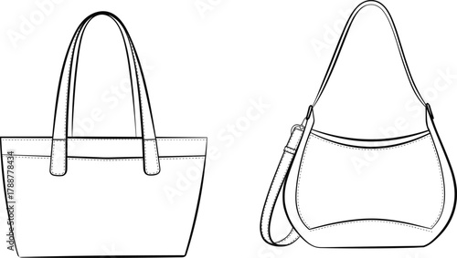 Flat vector illustration of stylish handbags, tote bag and shoulder bag, minimalist design, fashion accessory outline, black and white drawing, isolated icons