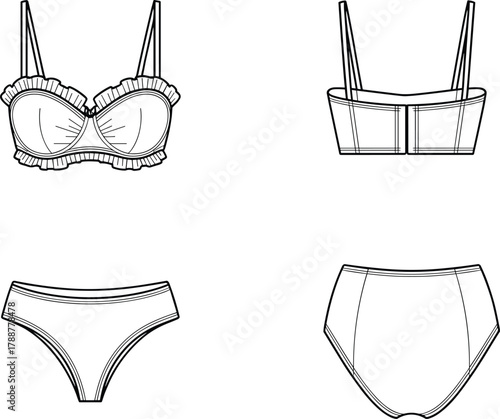 Flat vector illustration of women lingerie set, bra and panties design, fashion underwear template, apparel sketch, garment outline, stylish clothing design