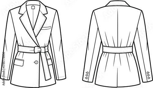Flat vector illustration of women’s belted blazer jacket design, fashion technical drawing, stylish outerwear sketch, elegant clothing template for apparel