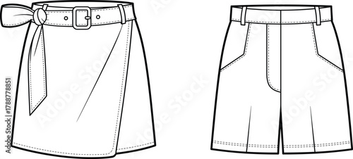 Flat vector illustration of women skirt and shorts design, fashion apparel template, clothing sketch outline, modern garment technical drawing, stylish outfit