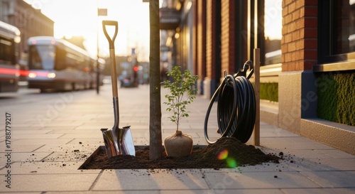Fototapeta Naklejka Na Ścianę i Meble -  A freshly planted small tree with a round root ball is set in a prepared soil patch on an urban sidewalk, accompanied by a shovel and a garden hose, with a city bus in the background