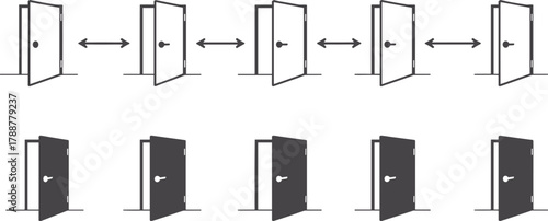 Open and closed door icons, vector flat illustration, decision concept, opportunity, access choice, transition, minimal design, business metaphor, graphic element