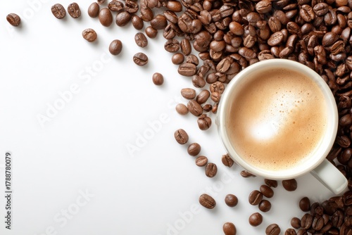 Coffee Cup Surrounded by Coffee Beans on White Background.