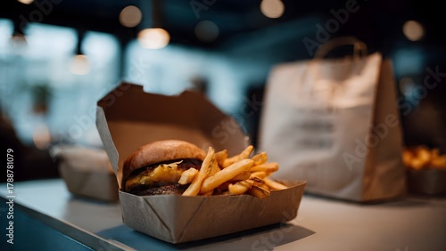 Takeaway burger and french fries in a cardboard box
