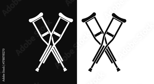 Minimalist Crossed Crutches Vector Icon Set in Black and White Glyph Style
