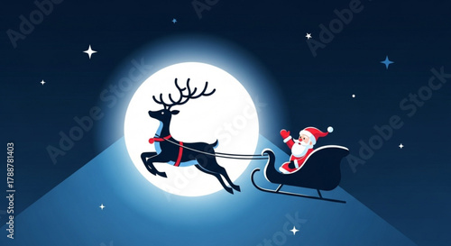 Santa Claus flying in sleigh with reindeer against full moon for New Year, Christmas  