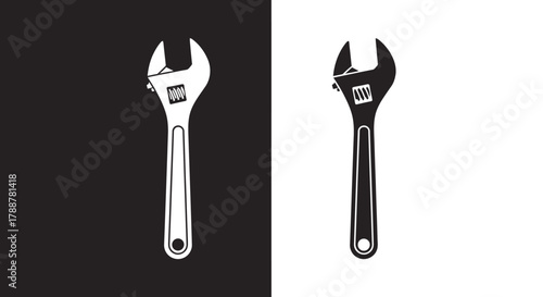 Minimalist Adjustable Wrench Vector Icon Set in Black and White Silhouette Style for Repair and Industrial Branding