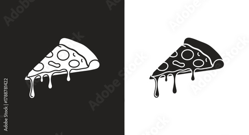 Stylized Pizza Slice Vector Icon Set with Dripping Cheese in Monochrome Black and White