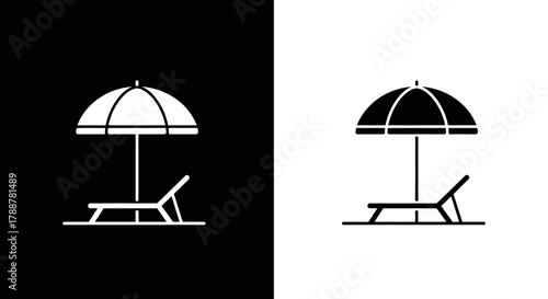 Minimalist Beach Umbrella and Chaise Lounge Vector Icon Set for Summer Vacation