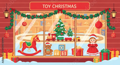 Festive toy store window display decorated for Christmas with gifts  