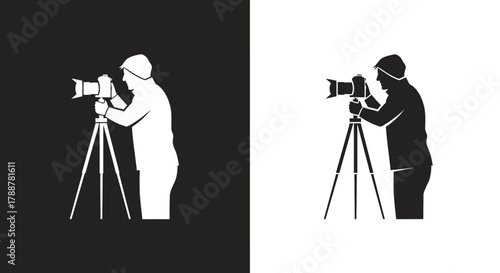 Photographer Silhouette Vector Icon with Camera on Tripod for Photography Logo